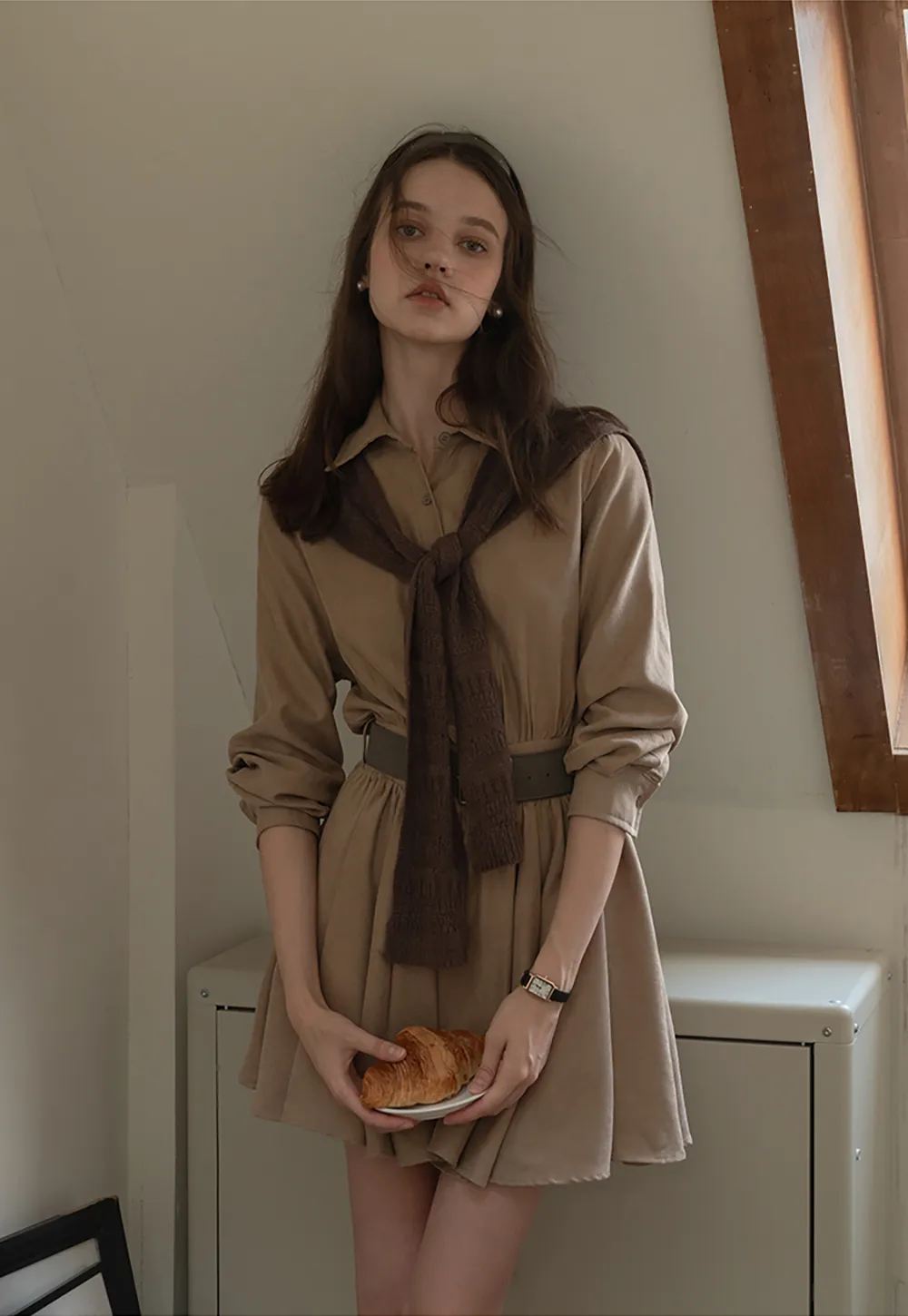 Belted Shirt Dress with Knit Scarf