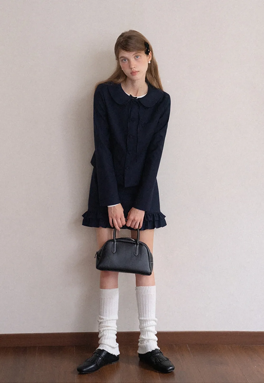 Womens Peter Pan Collar Jacket and Ruffle Hem Skirt Set