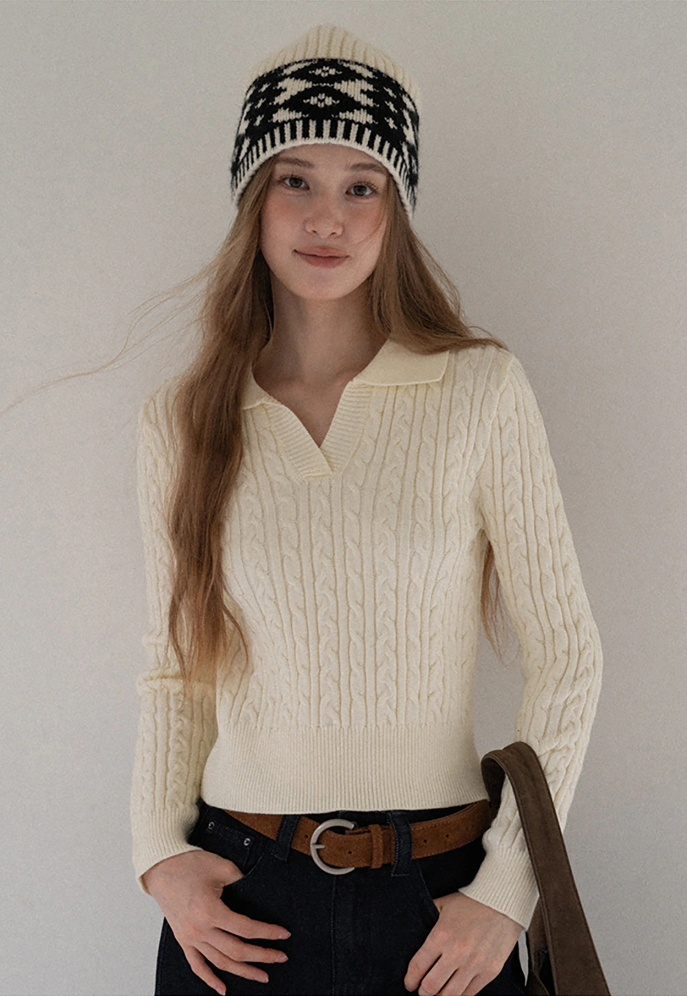 Women Cable Knit Polo Sweater Long Sleeve Slim Fit Pullover