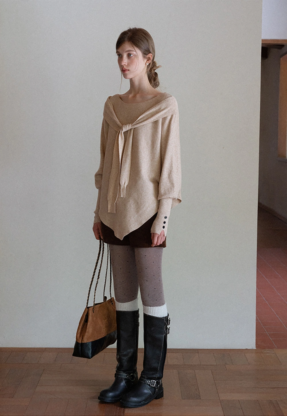 Womens Tie Collar Batwing Knit Sweater