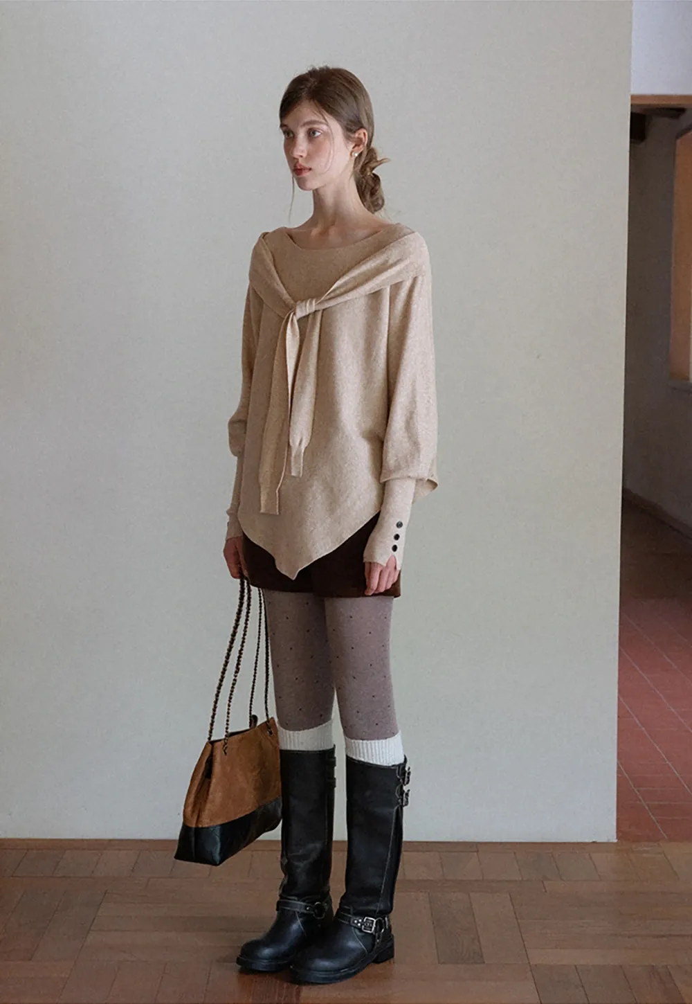 Womens Tie Collar Batwing Knit Sweater