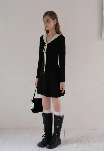 Womens Contrast Tie Collar Knit Dress