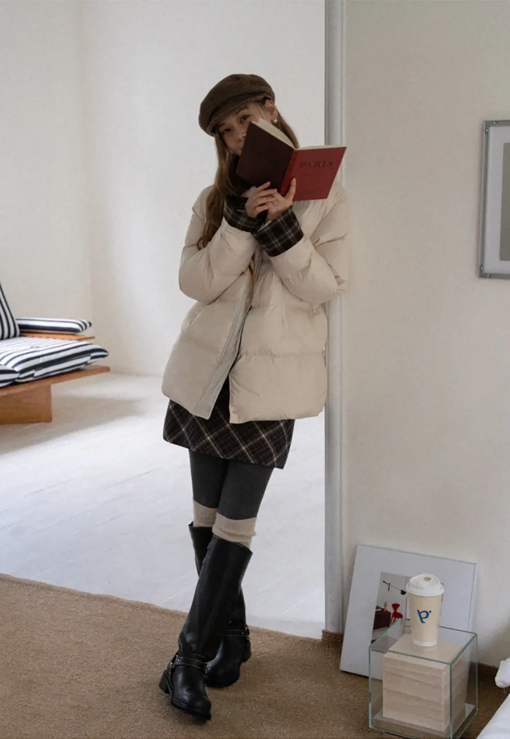 Women Short Cotton Coat with Contrast Collar and Cuffs