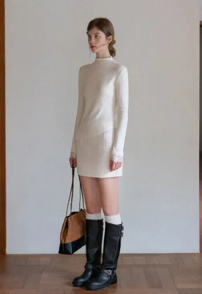 Women Cream White Lace Cuff High Neck Tee