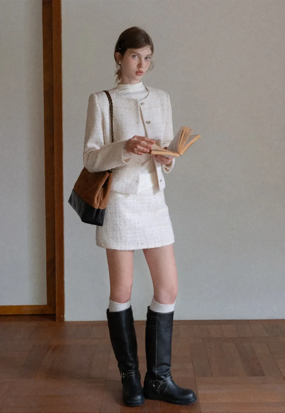 Women Elegant Tweed Skirt Suit Set with Crop Jacket