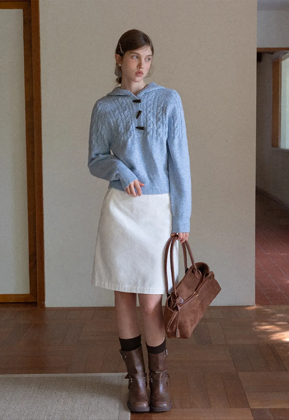 Women Winter Cable Knit Hooded Pullover