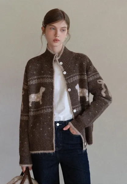Dog Pattern Knit Cardigan