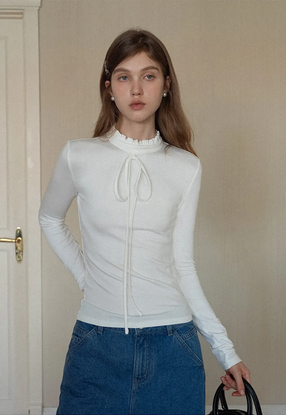 Ruffle Mock Neck Knit Top for Women Winter