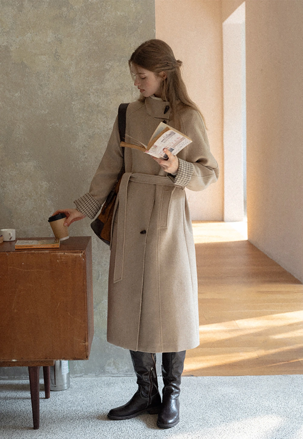 Womens Stand Collar Toggle Wool Coat with Plaid Trim