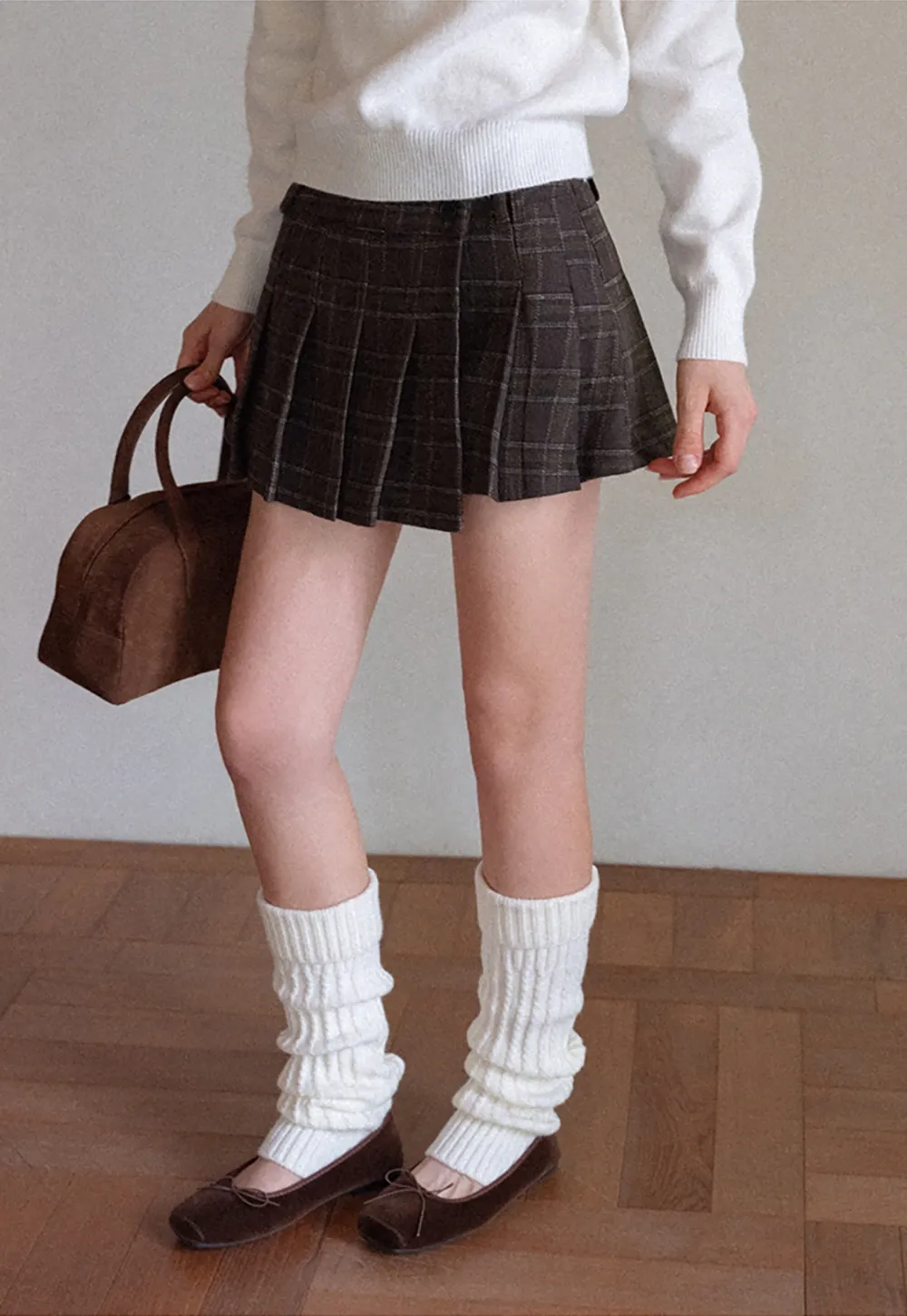 Womens Plaid Pleated Mini Skirt with Button Detail