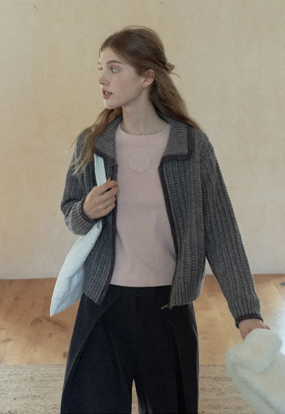 Contrast Trim Zip-Up Knit Cardigan