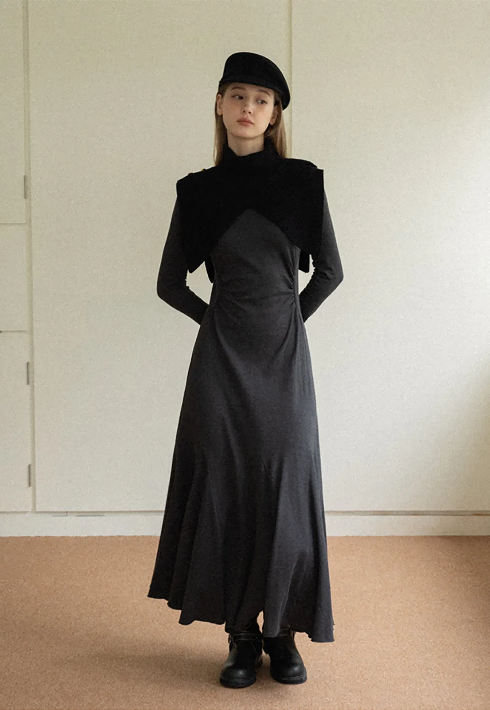 Ruched Waist Long Sleeve Midi Dress