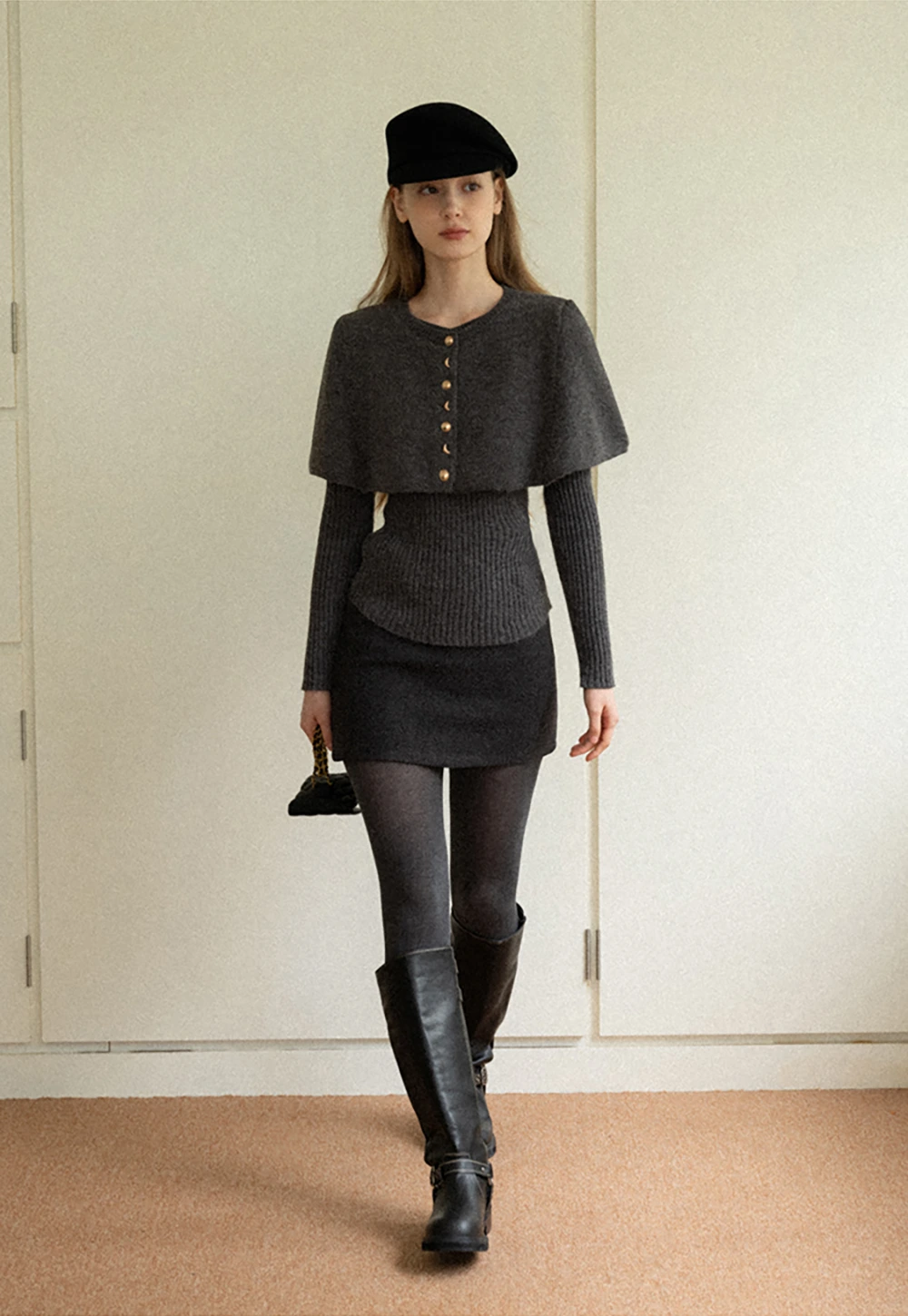 Cropped Buttoned Cape with V-Neck Fitted Thick Knit Sweater