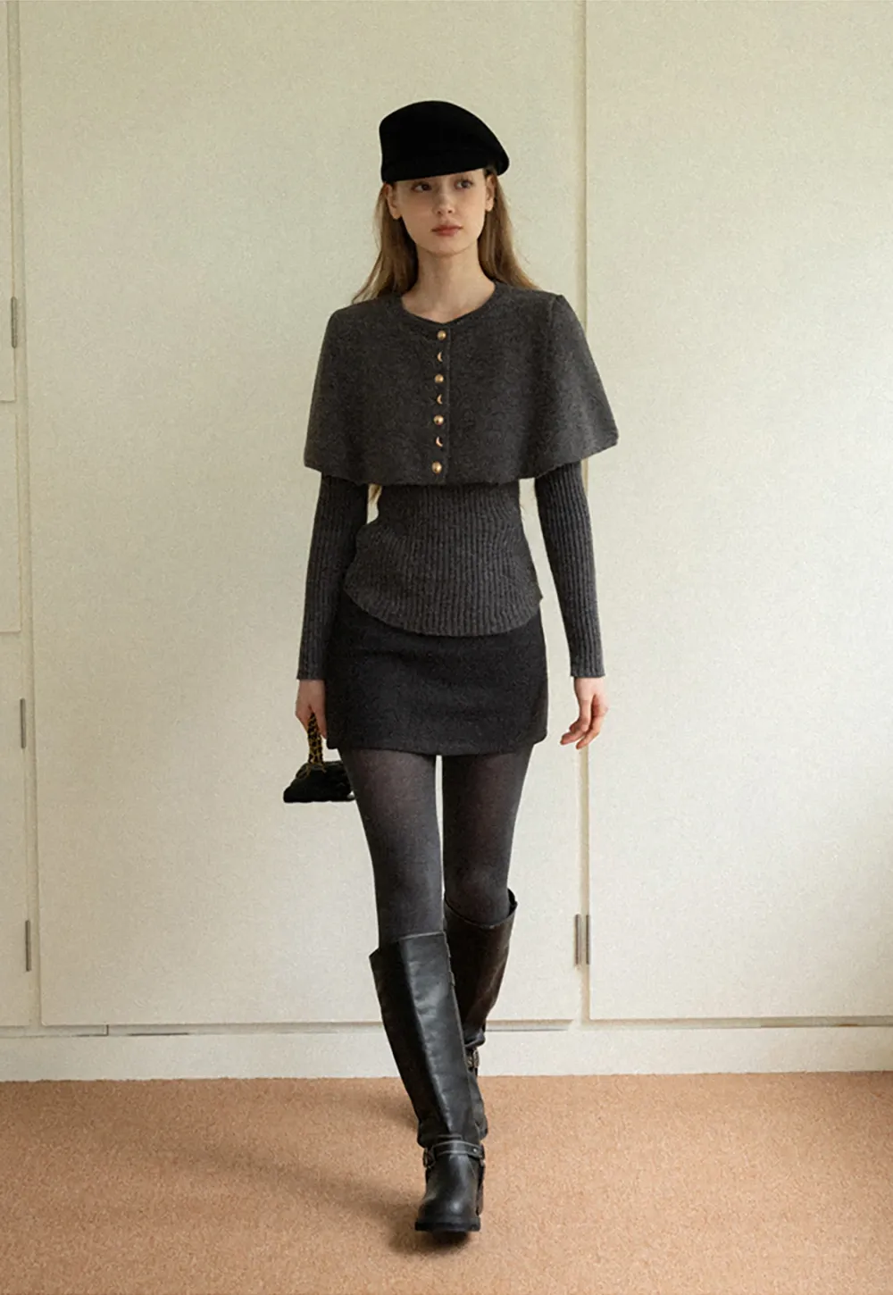 Cropped Buttoned Cape with V-Neck Fitted Thick Knit Sweater