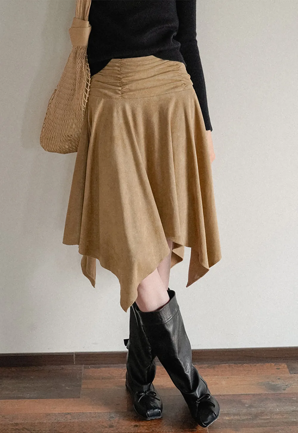 Ruched Waist Asymmetric Midi Skirt