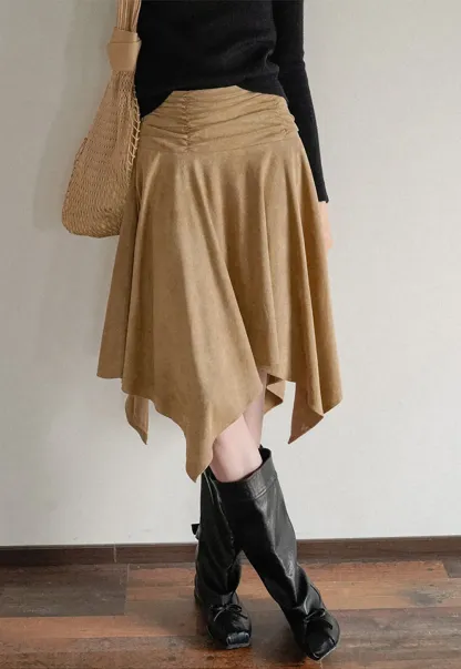 Ruched Waist Asymmetric Midi Skirt