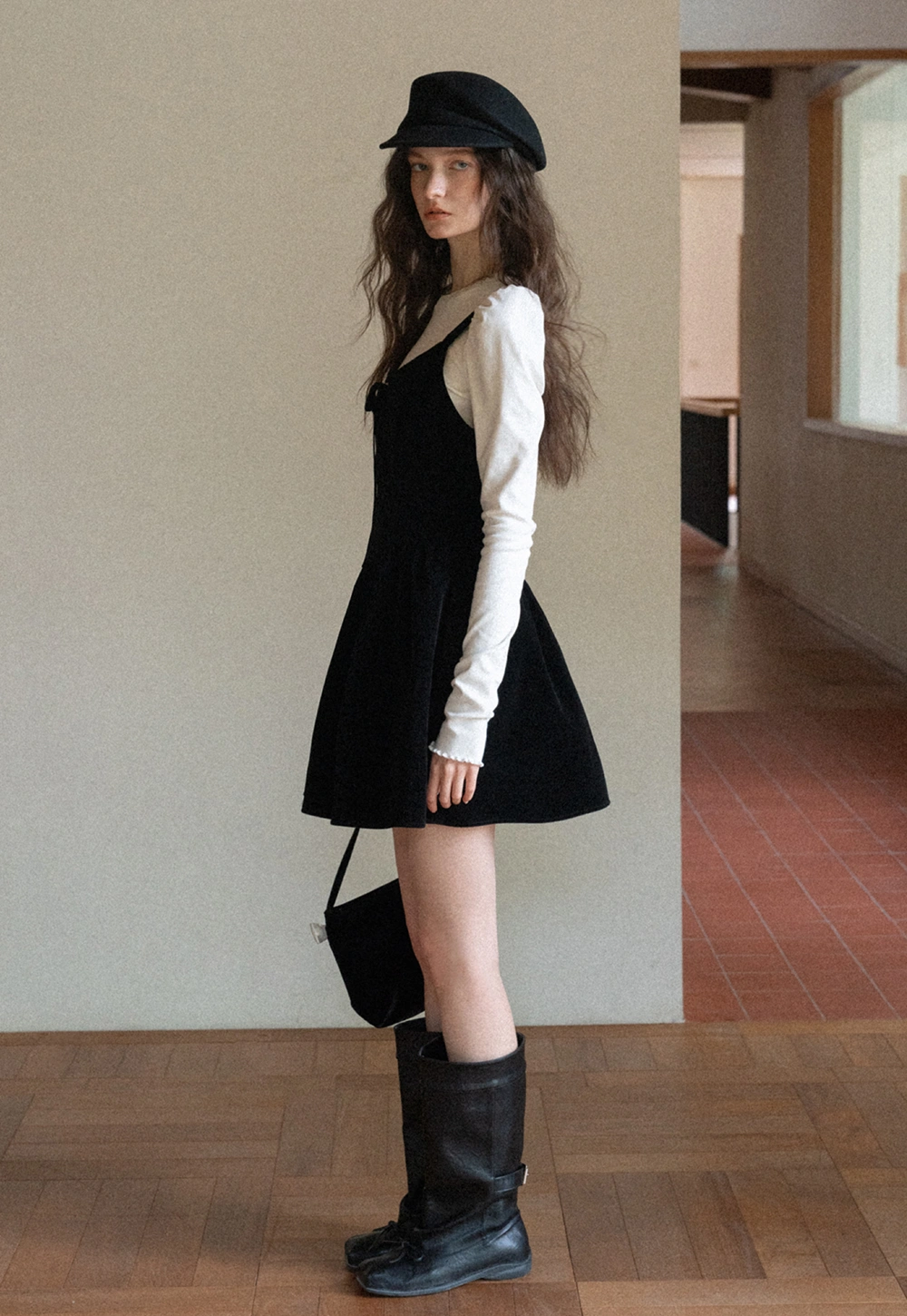 Women Black Velvet Pinafore Dress with Tie Front and Adjustable Straps