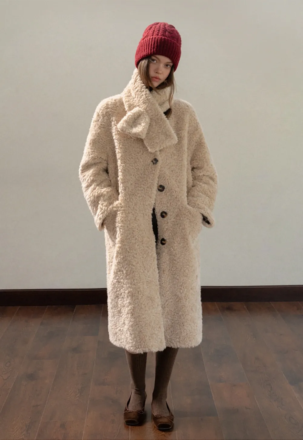 Women Long Fuzzy Teddy Coat with Attached Scarf