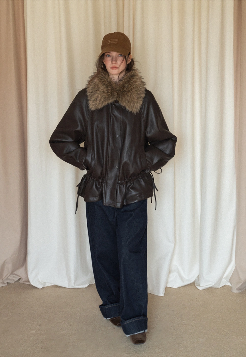 Casual Winter Faux Leather Coat with Soft Fur Collar