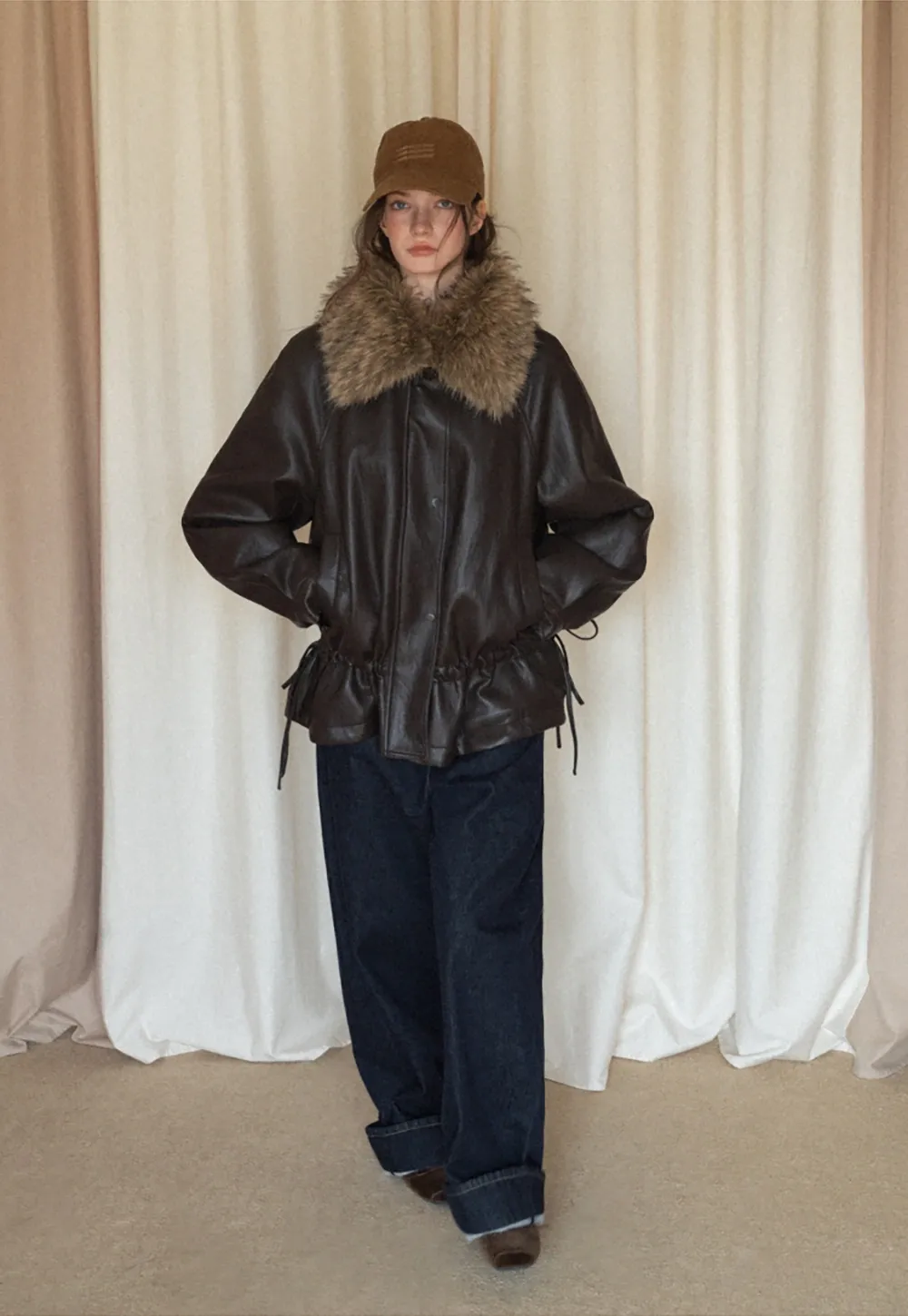 Casual Winter Faux Leather Coat with Soft Fur Collar