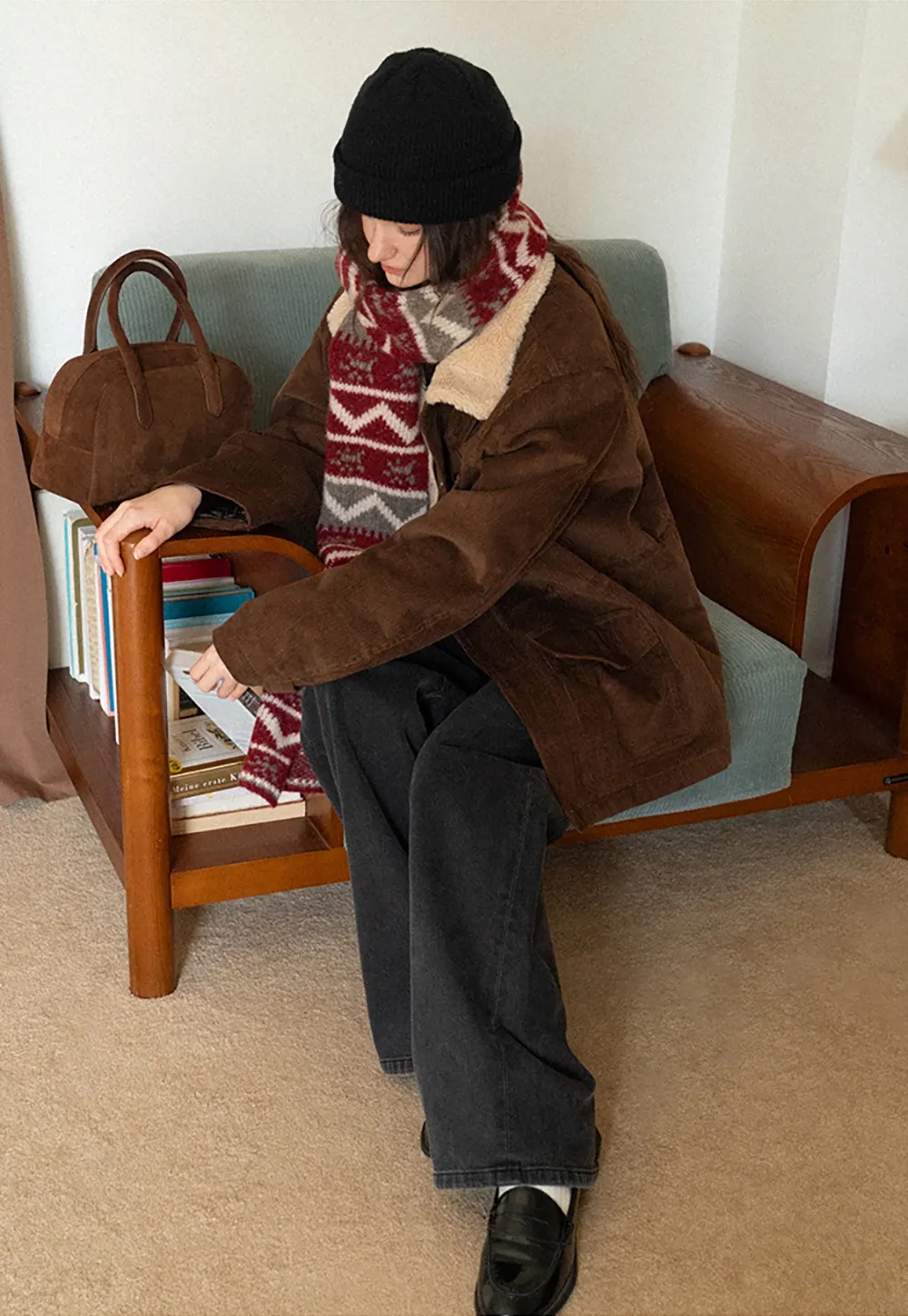 Women Casual Brown Corduroy Coat with Fleece Lining