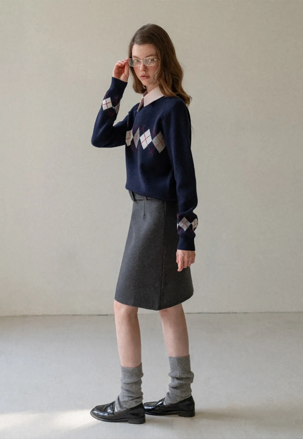 Navy Blue Sweater with Argyle Pattern for Women
