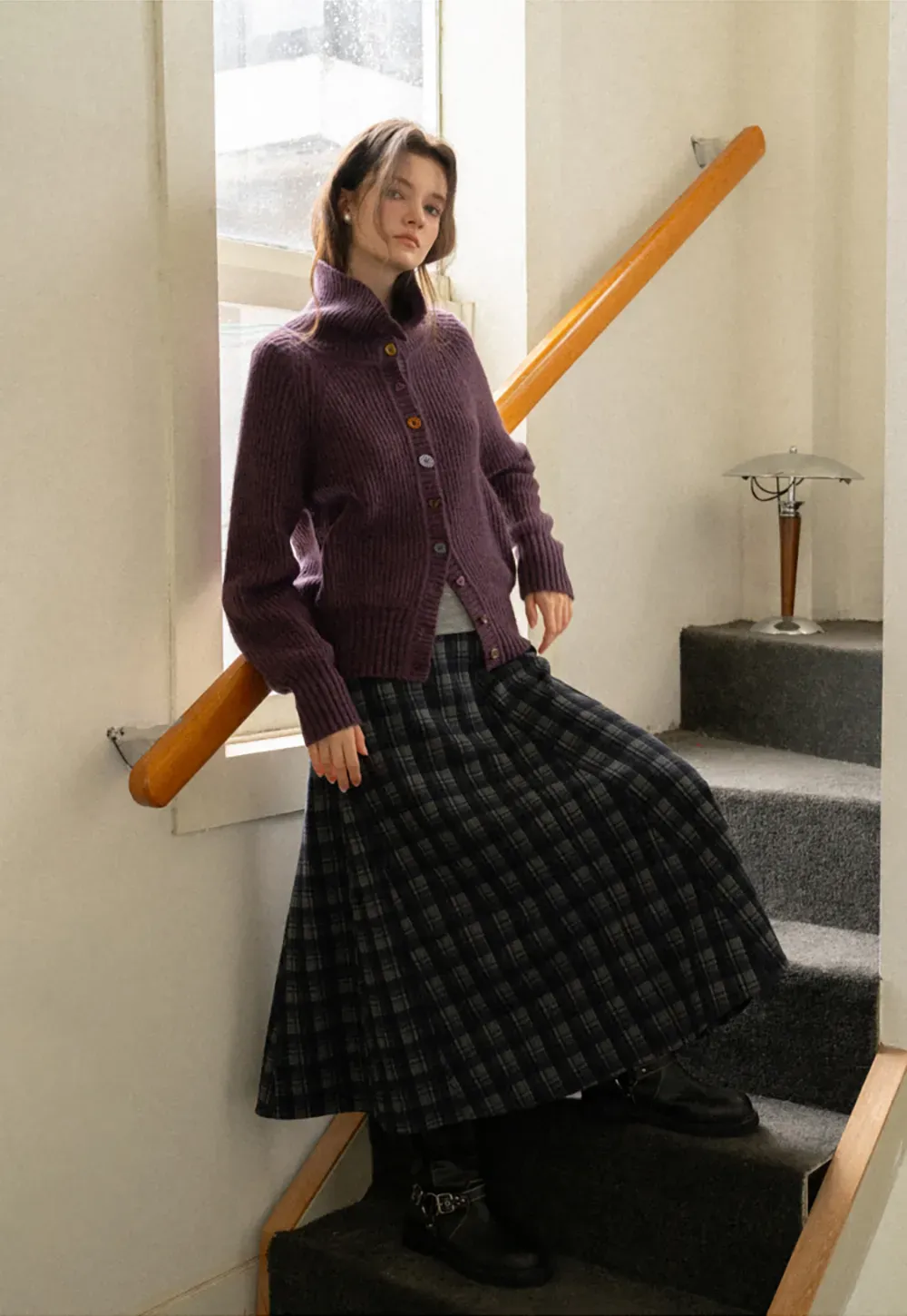 Color Button High Neck Ribbed Cardigan