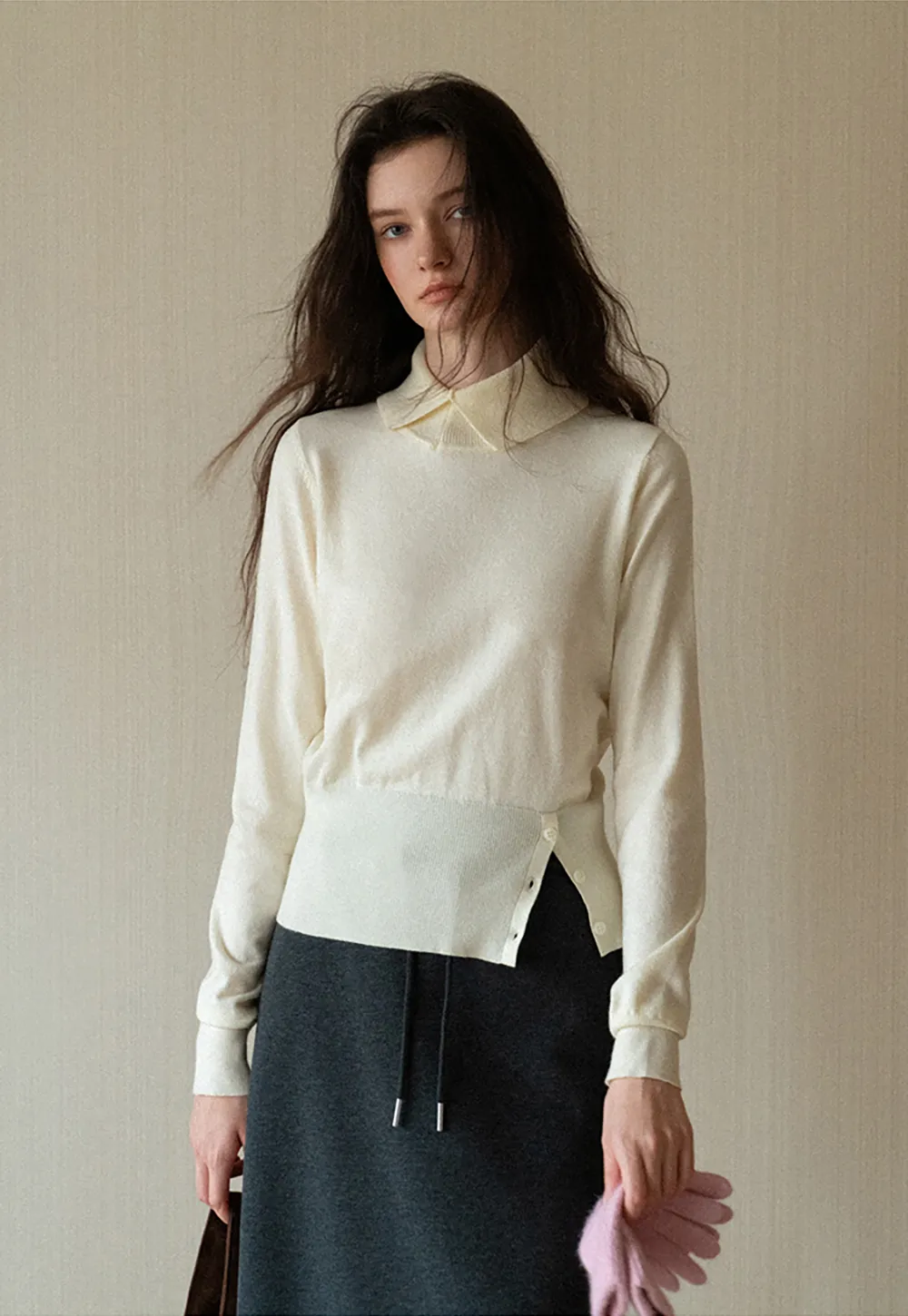 Collar Detail Knit Sweater with Side Button Hem
