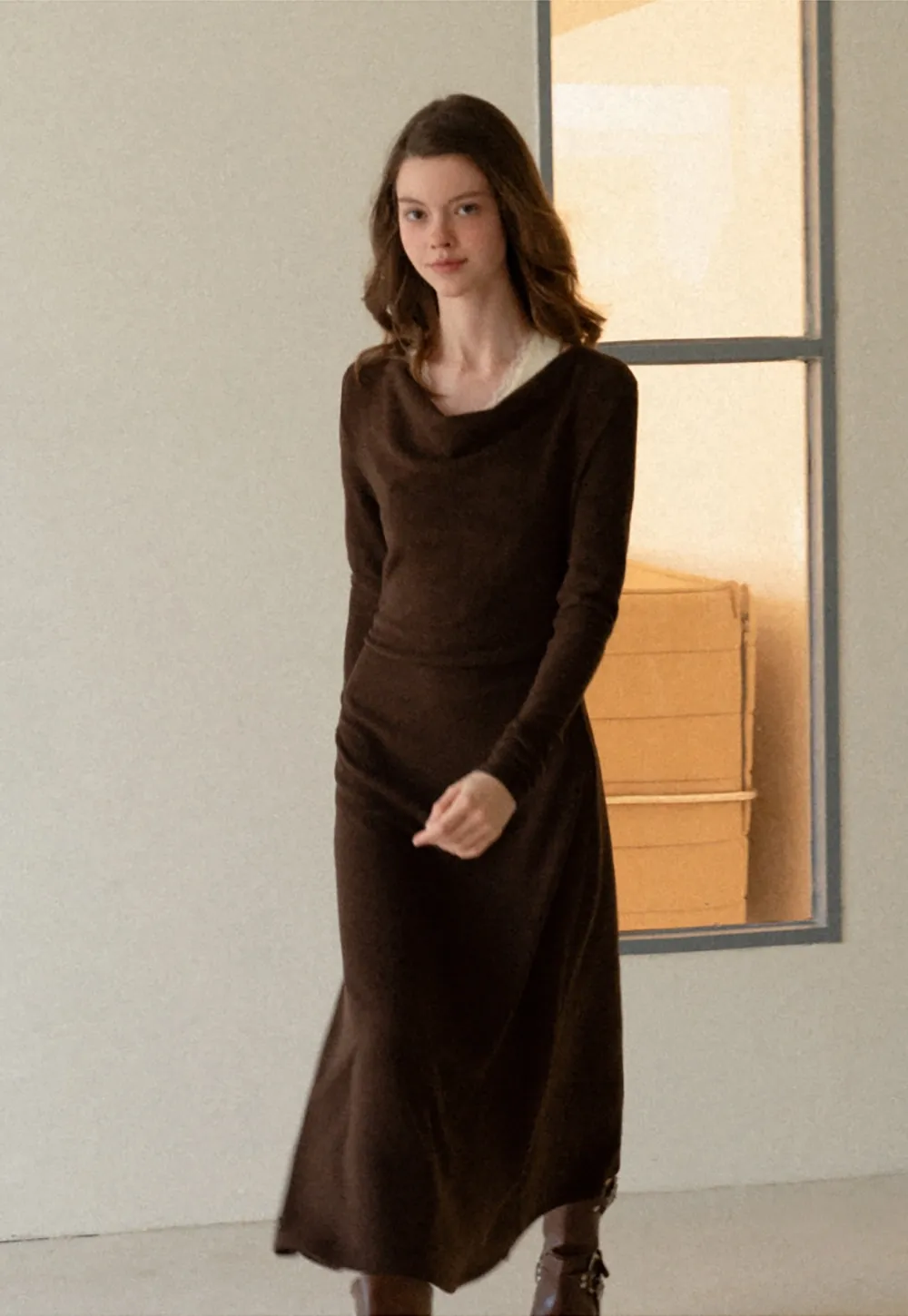 Women Elegant Cowl Neck Dress and Lace Camisole