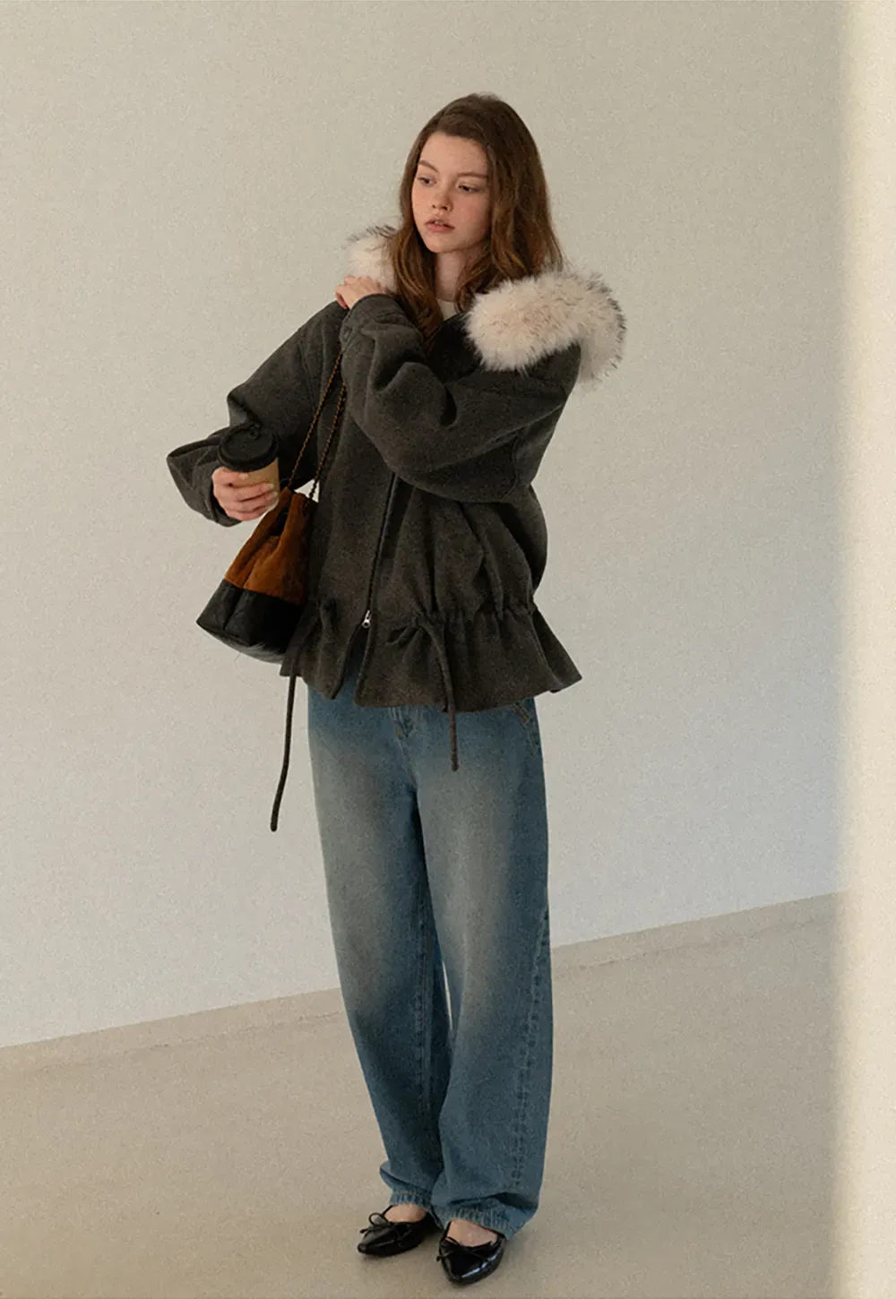 Faux-Fur Trim Hooded Charcoal Jacket