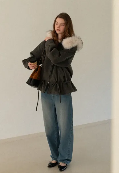 Faux-Fur Trim Hooded Charcoal Jacket