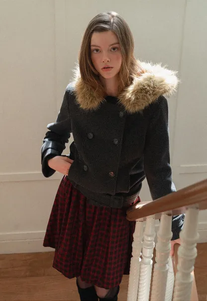 Hooded Wool Coat with Quilted Lining and Wool Collar