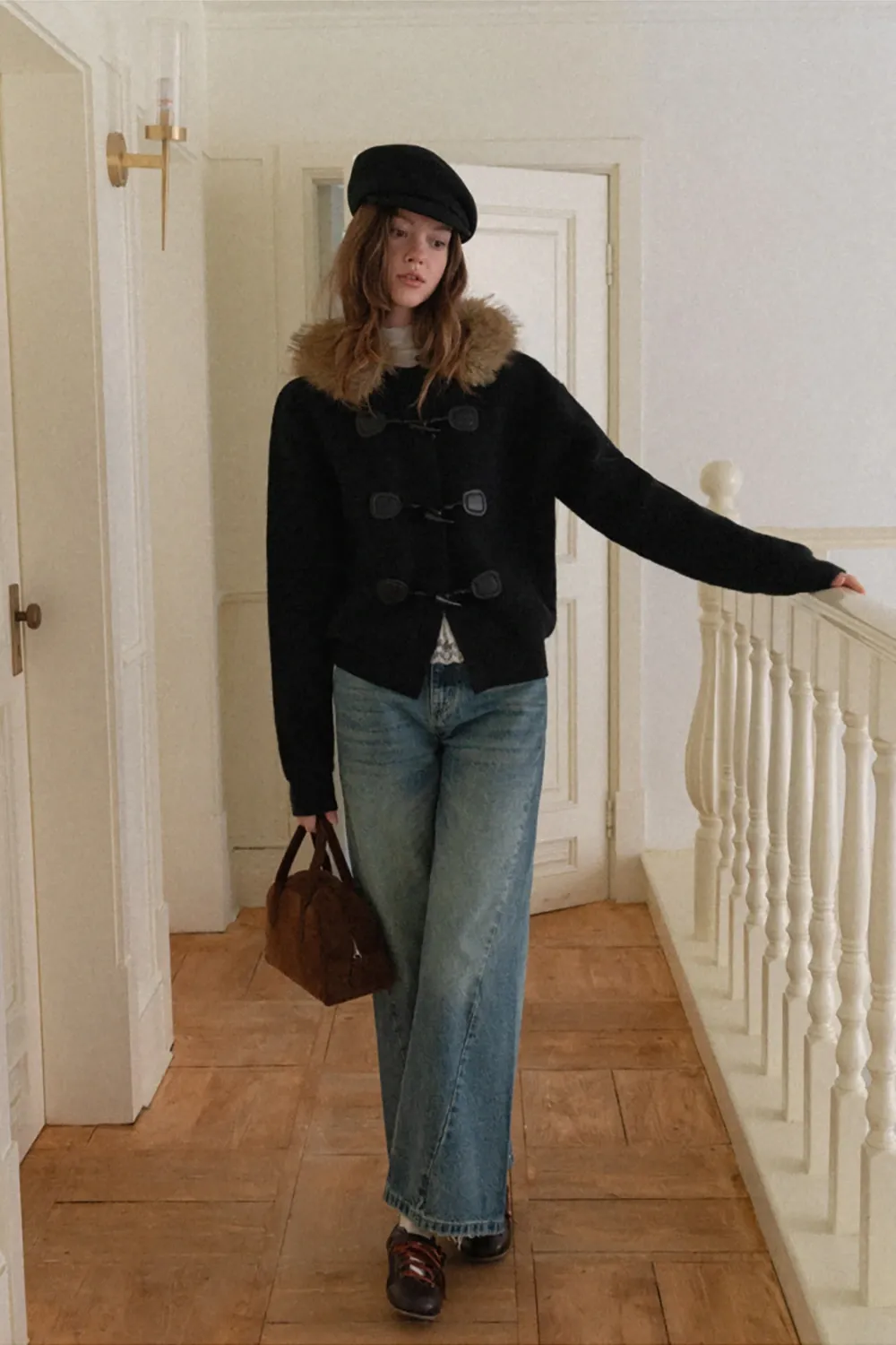 Faux Fur Hooded Cable Knit Sweater