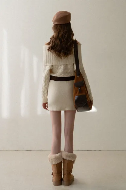 Off-Shoulder Cable Knit Waist-Cinching Dress