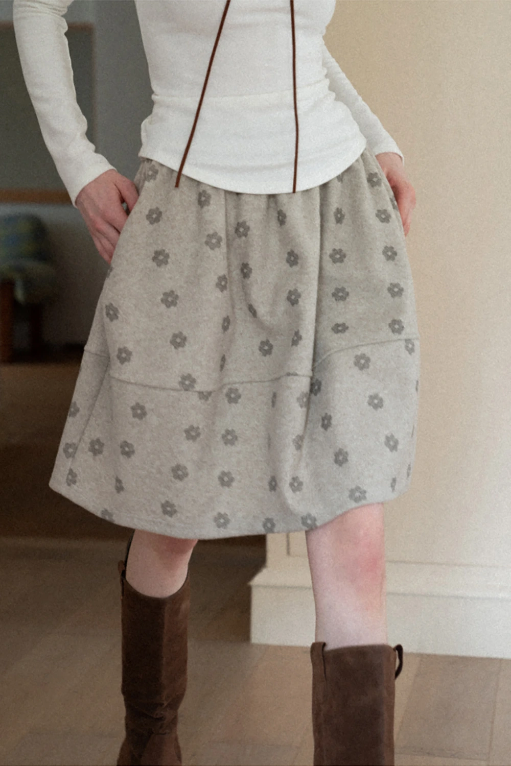Floral Print Woolen Puff Skirt