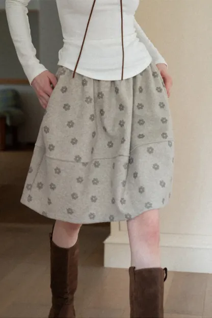 Floral Print Woolen Puff Skirt