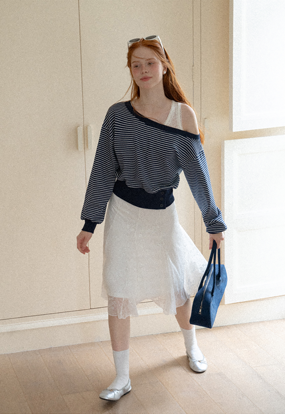 Off-the-Shoulder Striped Sweatshirt and Lace Tank Top Set