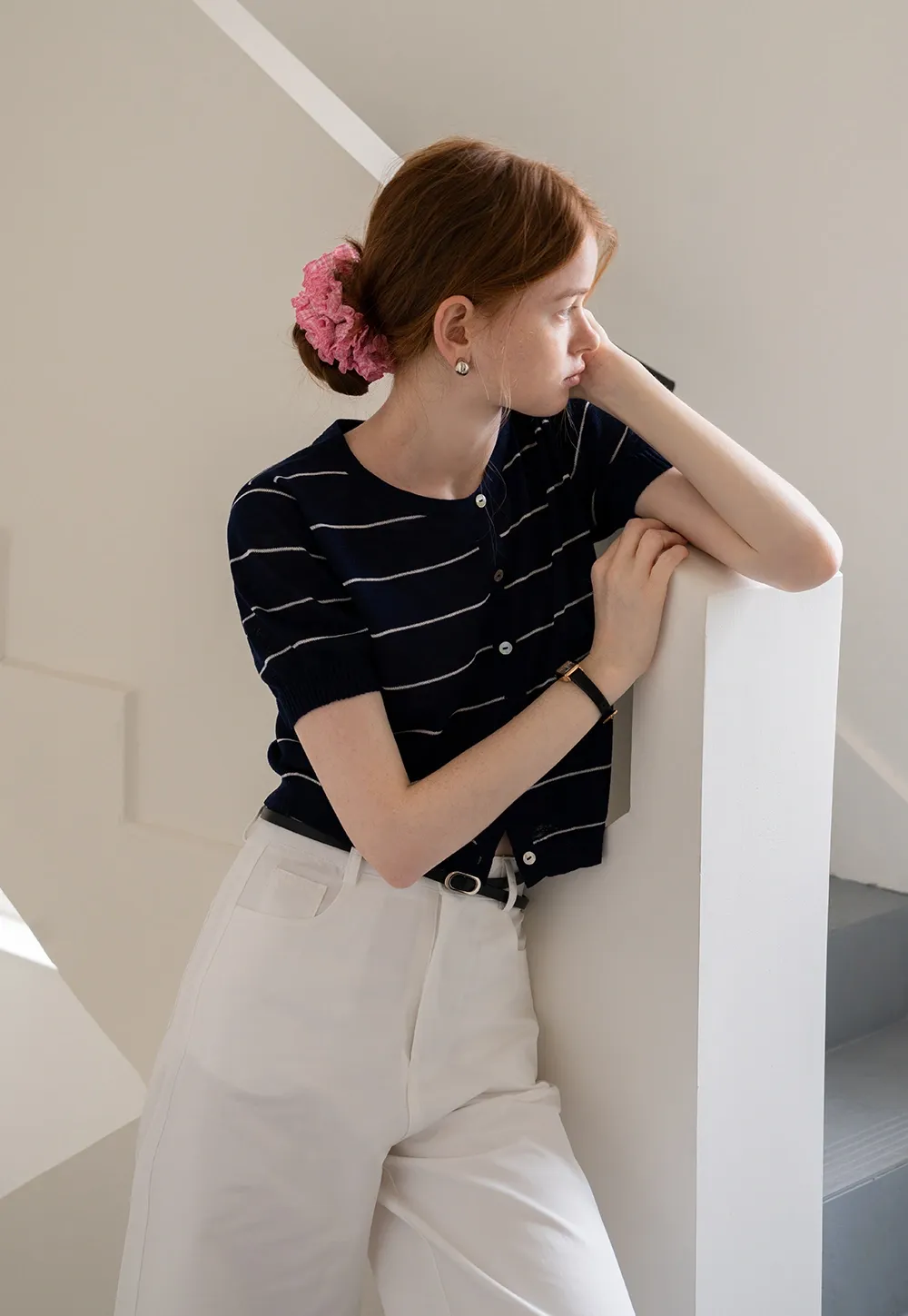 Women’s Striped Button-Down Short-Sleeve Cardigan
