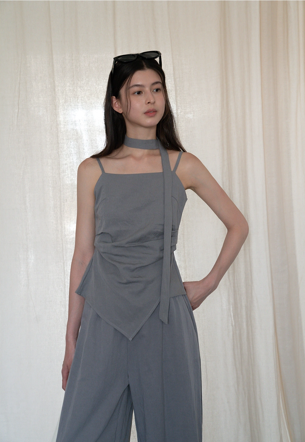 Women's 2 Piece Set – Asymmetrical Strap Top and Wide Leg Pants Outfit