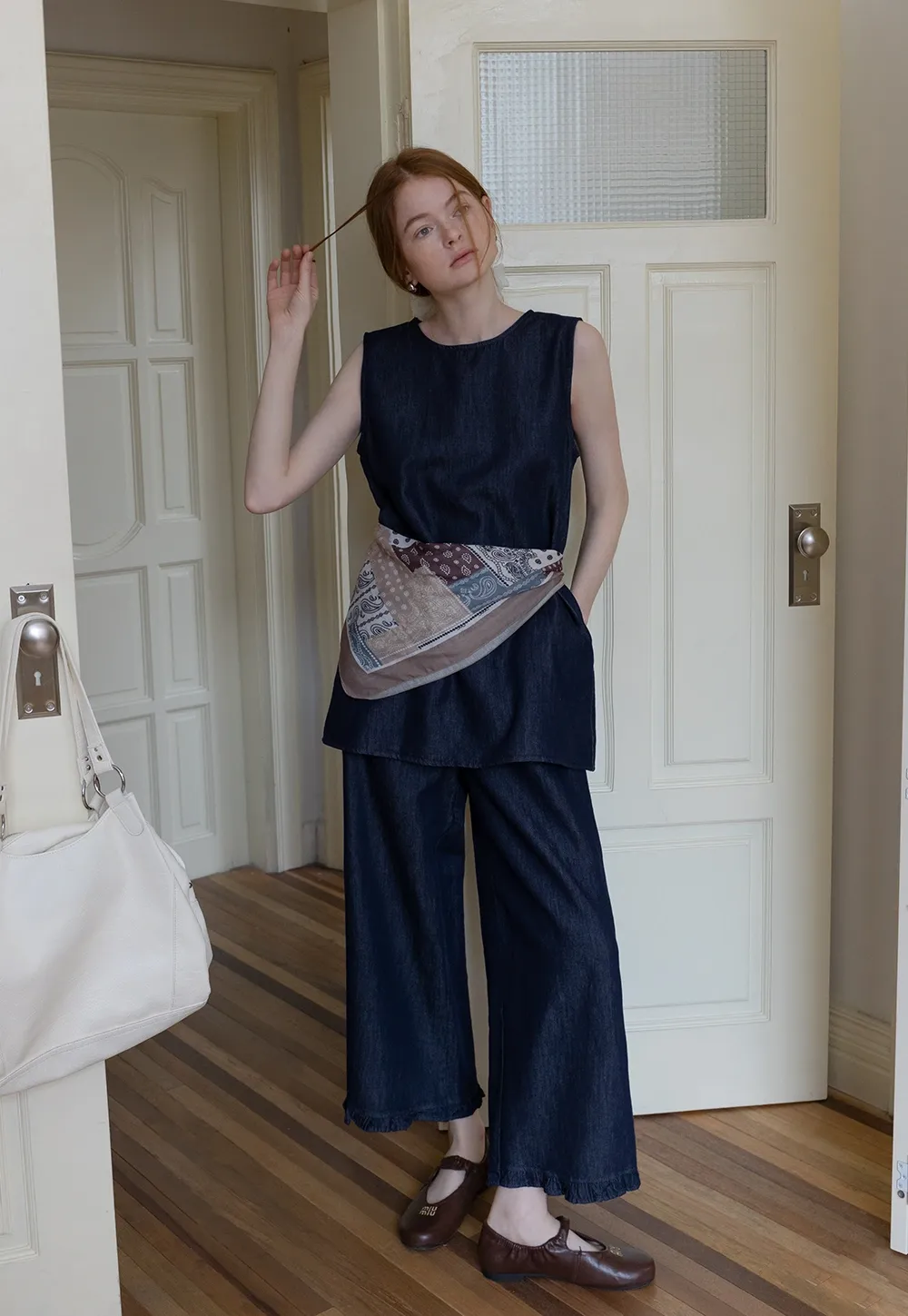 Sleeveless Denim Top and Wide-Leg Pants Set