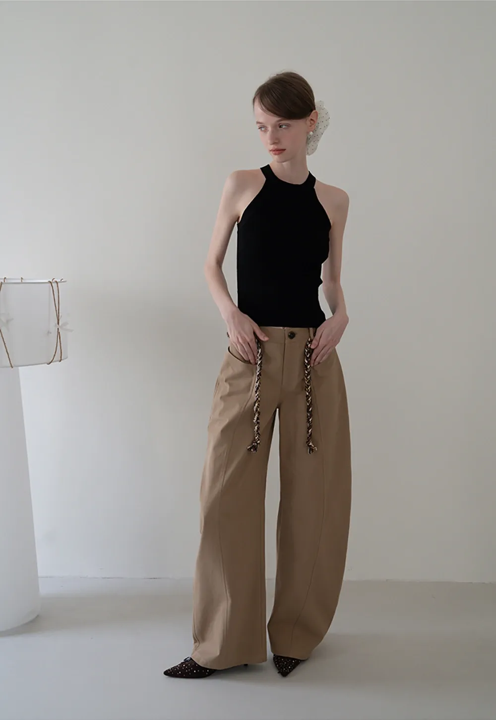 Wide-Leg Trousers with Braided Drawstring Detail