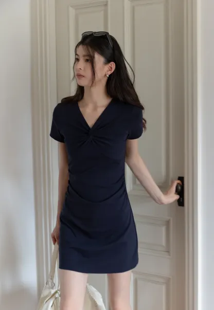 Women's Twist Front Short Sleeve Mini Dress Ruched Slim Fit