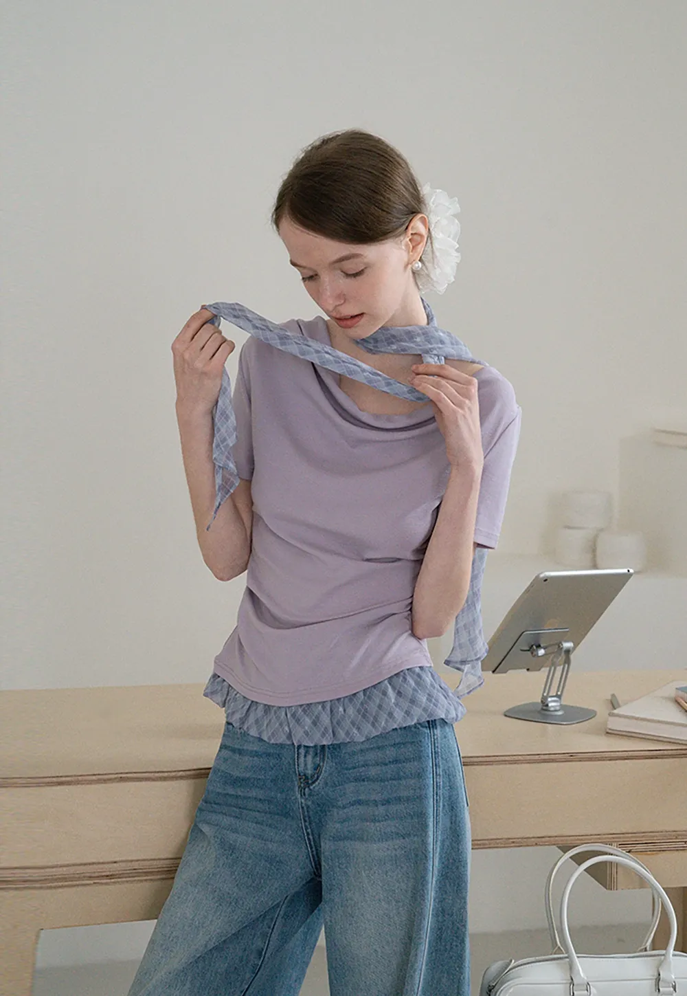 Draped Neck Top and Ruffle Hem