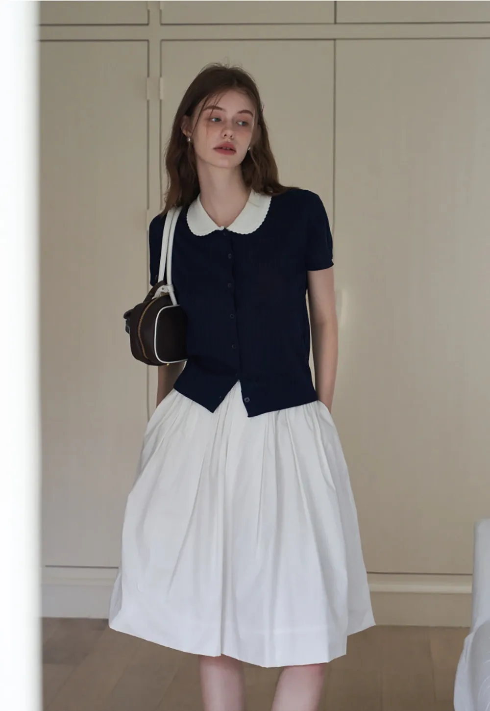 Women's Contrast Peter Pan Collar Cable Knit Cardigan