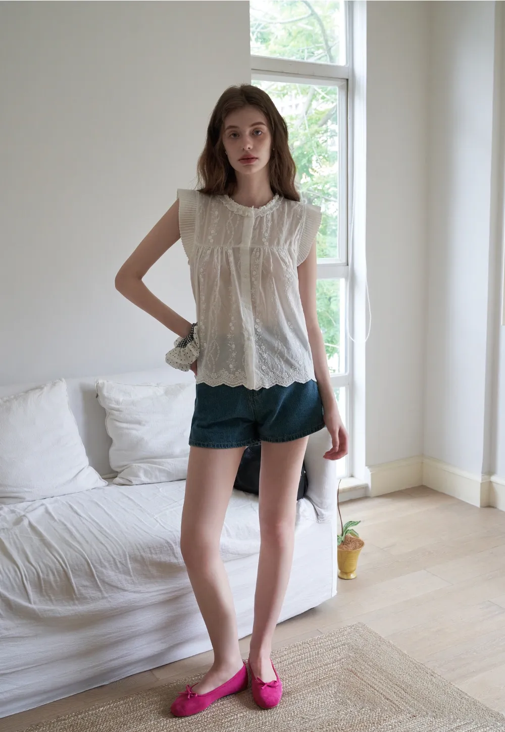 Women's Embroidered Ruffle Cap Sleeve Babydoll Blouse
