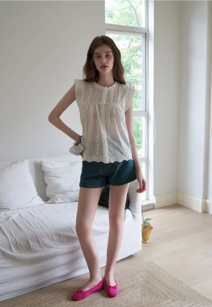 Women's Embroidered Ruffle Cap Sleeve Babydoll Blouse