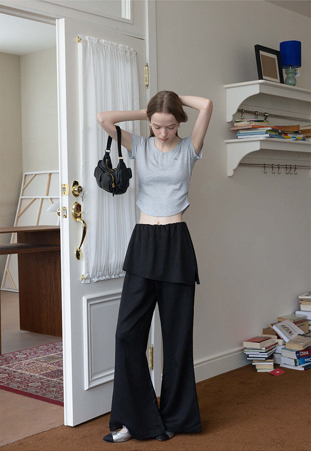 Waffle Knit Notch Neck Fitted T-Shirt