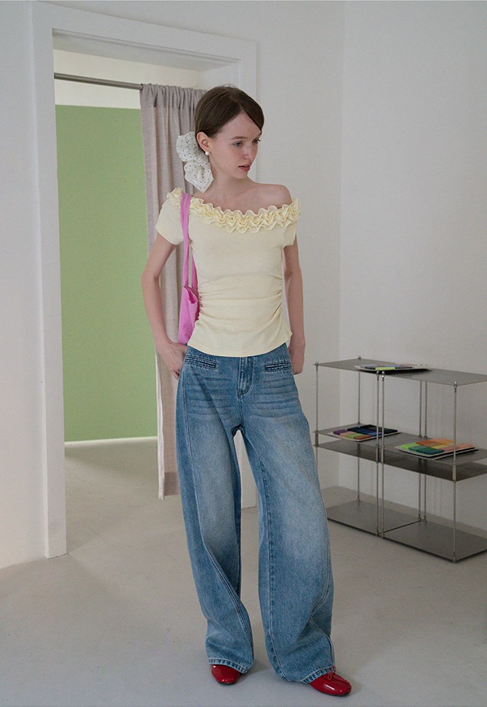 Ruffled Off-Shoulder Fitted Knit Top