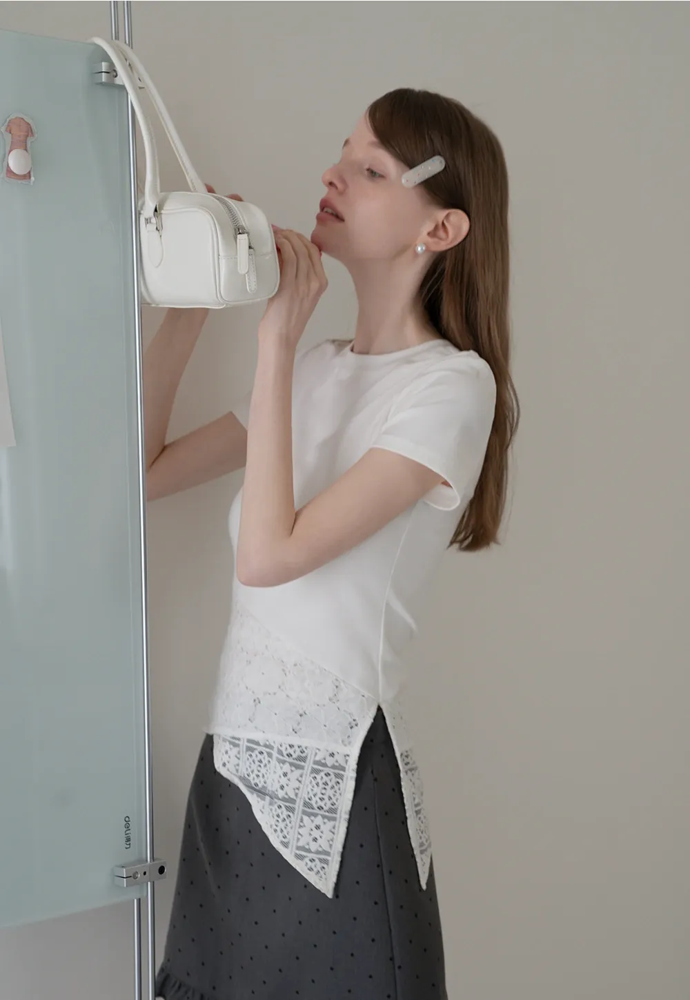 Asymmetric Hem T-Shirt with Lace Panel