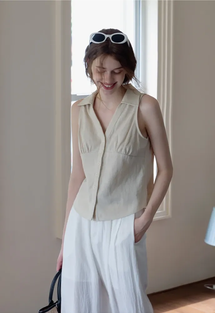 Women’s Linen Collared Button-Front Sleeveless Top